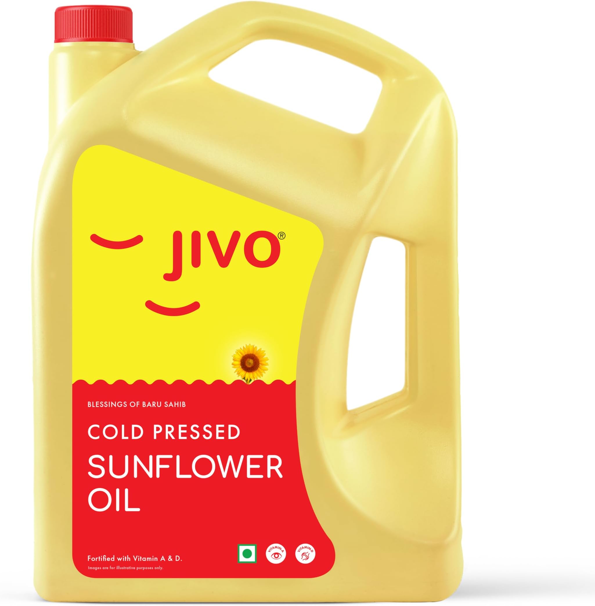 Jivo Cold Pressed Sunflower Oil 5 Litre | High in Polyunsaturated Fats | Vitamin A and D Fortified | Cholesterol Free Edible Oil | Ideal for Roasting, Frying, Baking, and All Types of Cuisines