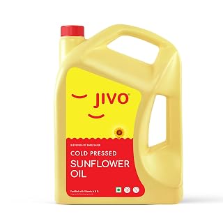 Jivo Cold Pressed Sunflower Oil 5 Litre | High in Polyunsaturated Fats | Vitamin A and D Fortified | Cholesterol Free Edible Oil | Ideal for Roasting, Frying, Baking, and All Types of Cuisines