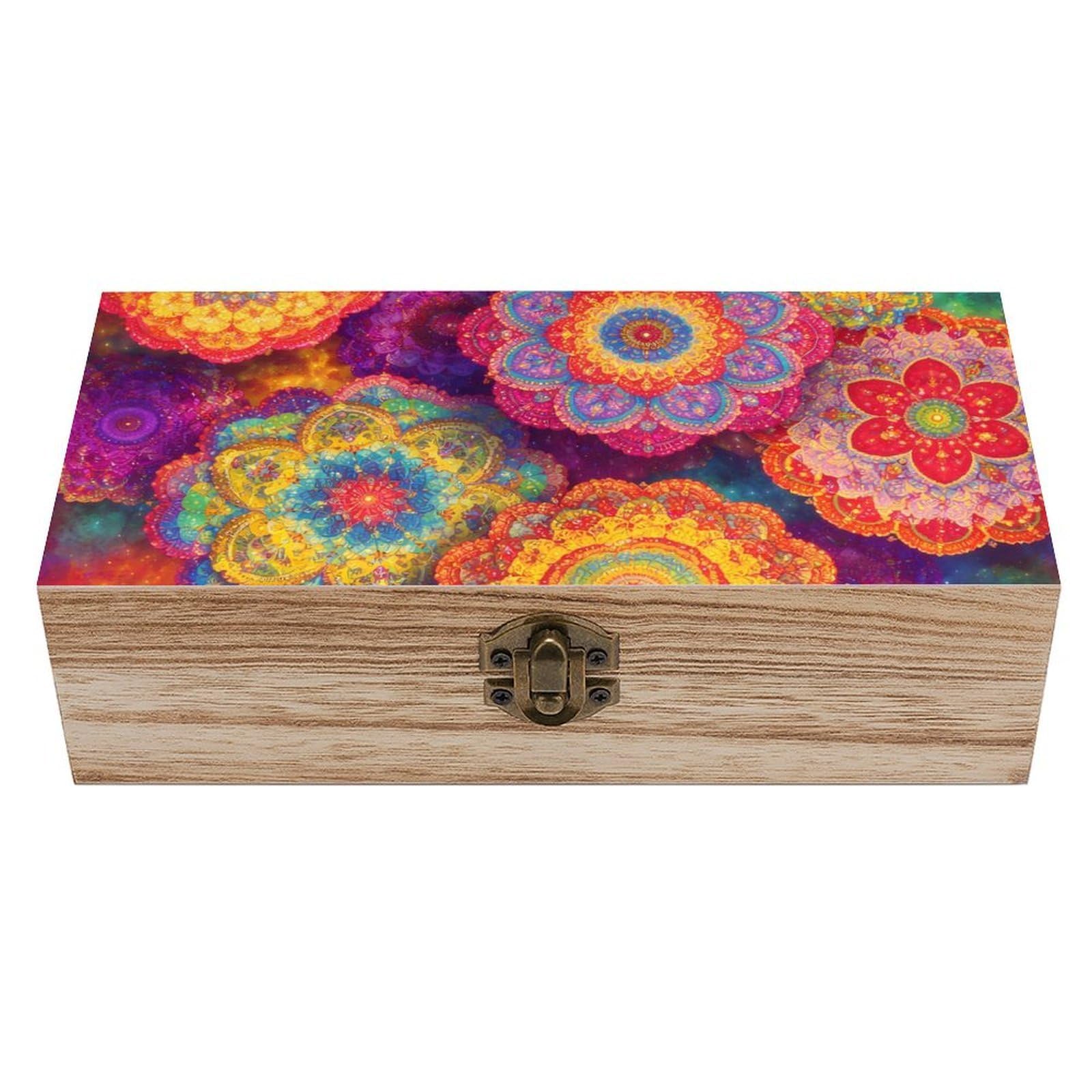 SMAZDFXX Psychedelic Trippy Mandala Flower Wooden Storage Box With Hinged Lid Decorative Front Clasp Keepsake Boxes