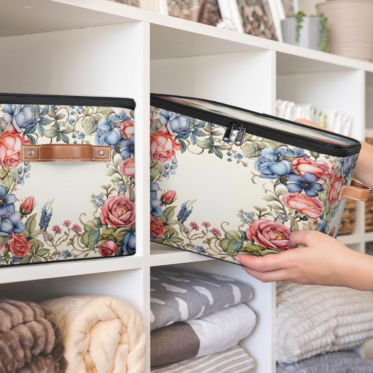 Storage Bin Set of 2 Flower Rose Storage Basket with Zipper Lid & Handle Foldable Closet Shelf 2 Pack Cloth Organizer Basket Cube Bins Clothes Organizer for Nursery, Bedroom