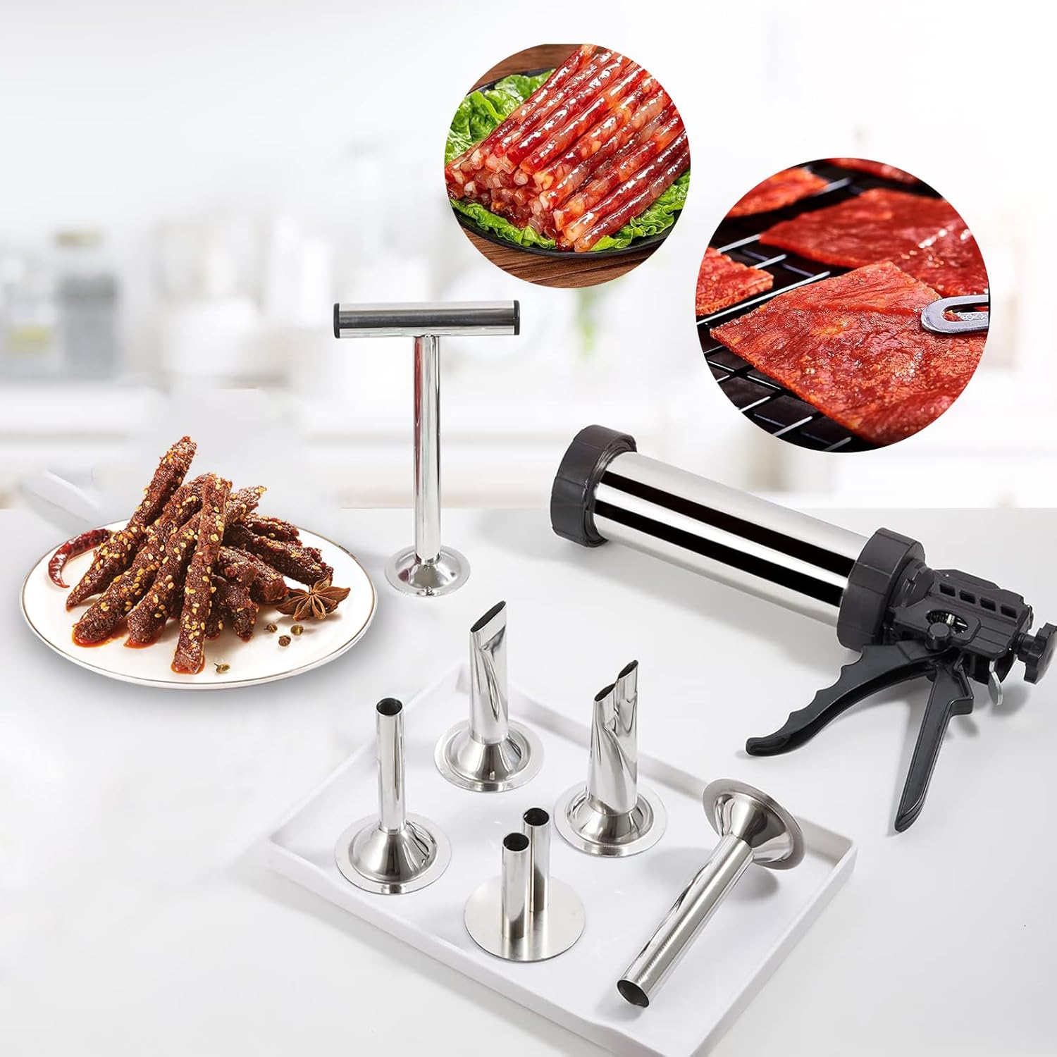 Jerky Gun Kits,Jerky Gun For Ground Meat,1.5 Lb Beef Jerky Gun Kit,Sausage Stuffer,Sausage Maker Machine,Beef Jerky Maker With 5 Stainless Nozzles,5 Cleaning Brushes,1 Meat Pusher