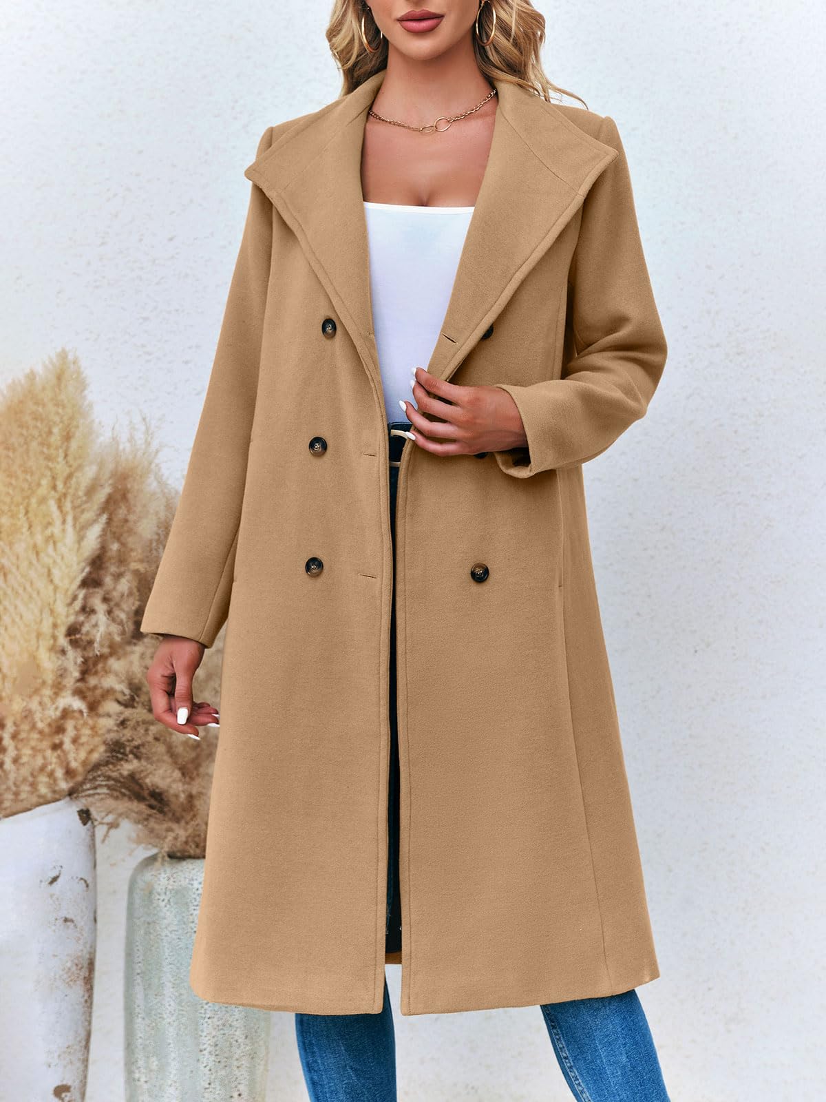 Fisoew Cappotto doppiopetto da donna, lungo, invernale, lavoro, ufficio, soprabito con tasche e cintura