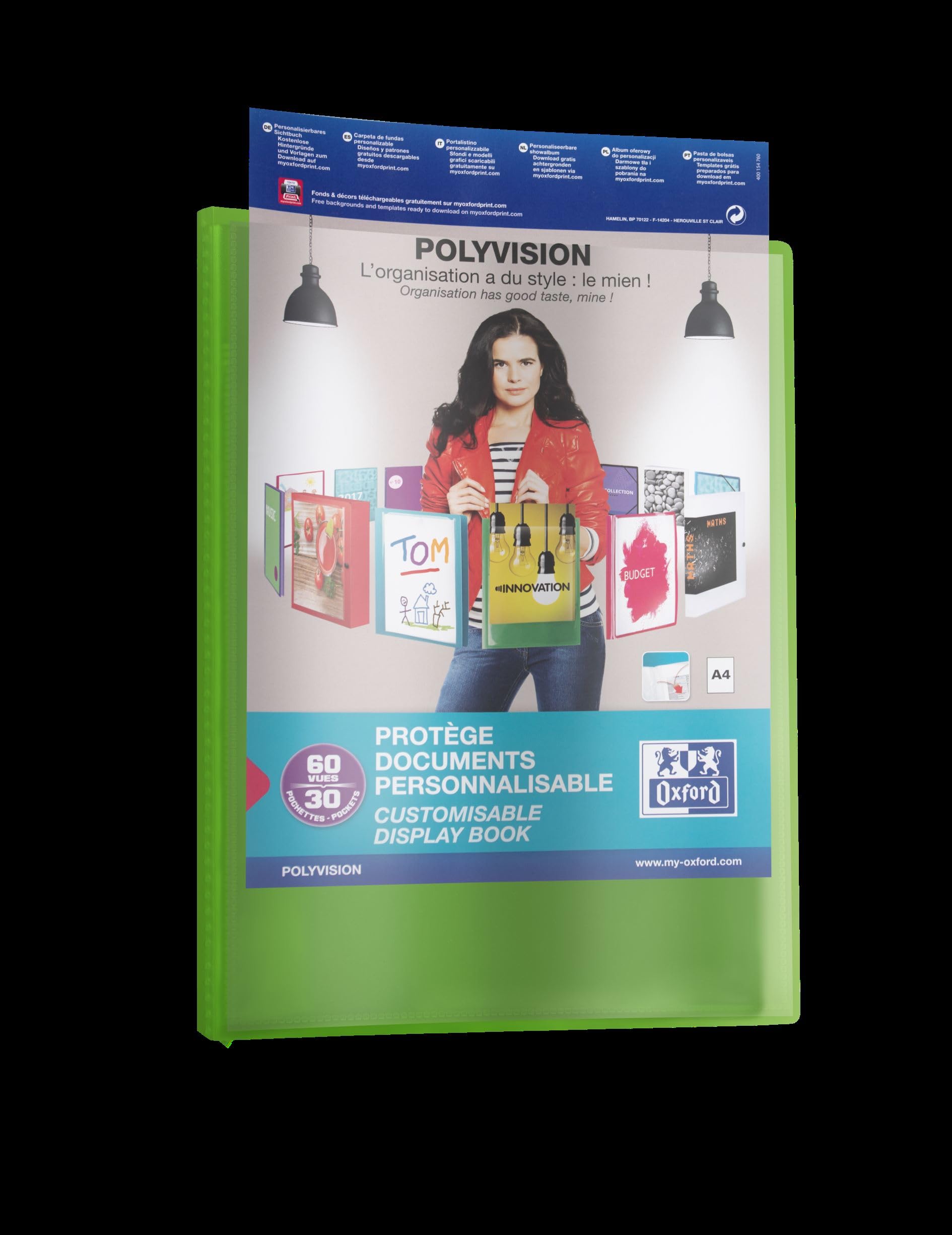 OXFORD Polyvision - Set di 15 protezioni per documenti, formato A4, 60 viste, 30 fogli, colore: Verde