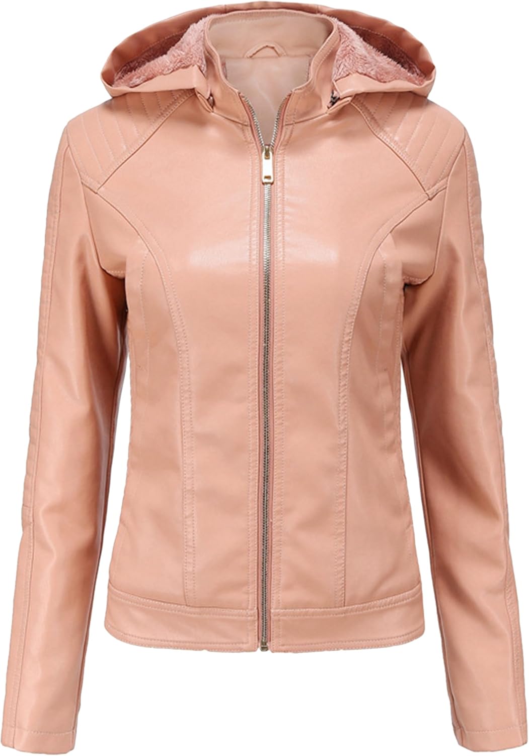 YMING Women's Faux Leather Jacket Removable Hood Front Zip Pockets Jacket Coat Motorcycle Plus Size Jacket With Pocket