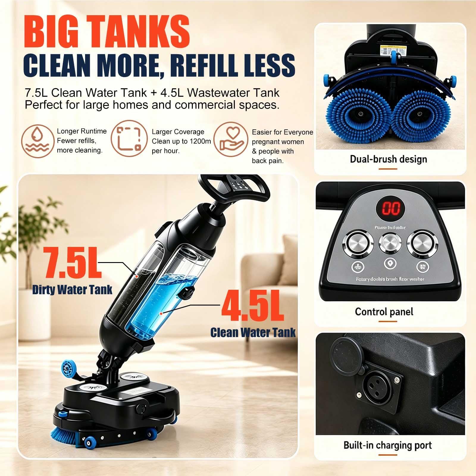Fregadora De Suelos Comercial: Mini Máquina De Limpieza De Alta Eficiencia,Depósitos De Agua Dobles De 4,5 L + 7,5 L, Superficie De Limpieza De Hasta 12.000 Metros Cuadrados Por Hora white