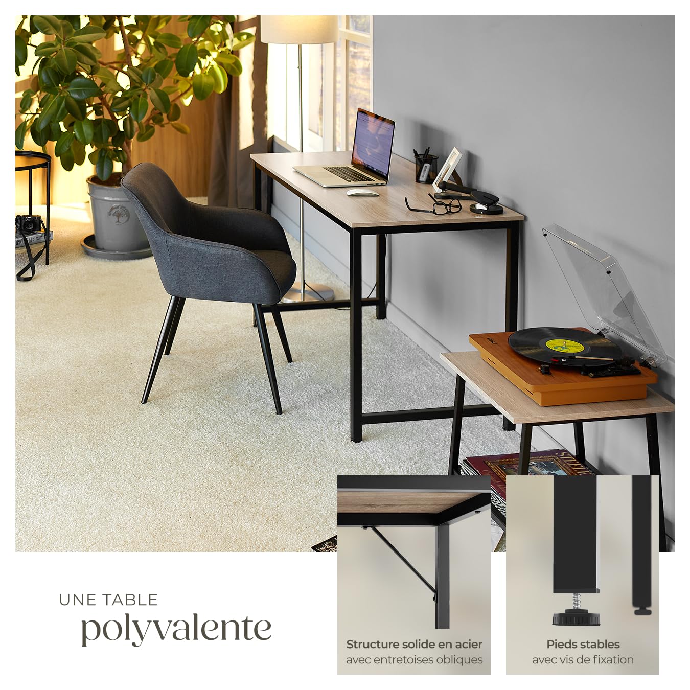 tectake® Table de Bureau Design Industriel en Bois MDF & Acier Bureau Ergonomique 100x50x75,5cm Bureaux Informatique Bureaux Ordinateur Teletravail - Bois Clair Industriel Chêne Sonoma