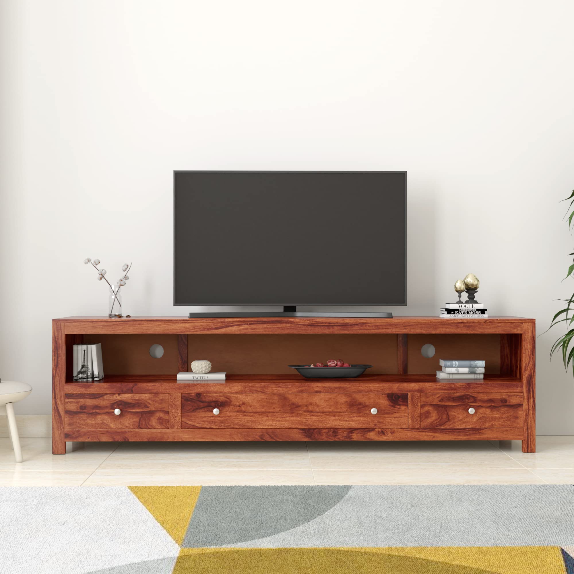 Amazon Brand - Solimo Carvve Sheesham Wood TV Cabinet, Natural Finish, 3 Drawers & 1 Open Shelf-image-42