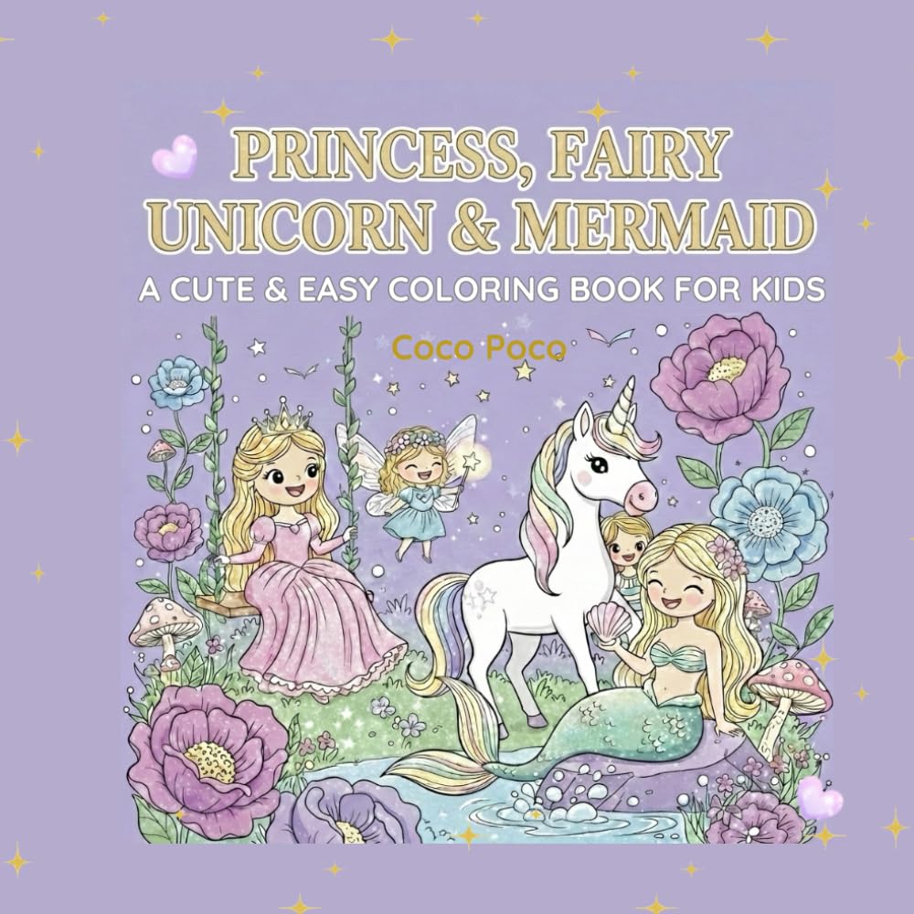 Princess, Fairy, Unicorn & Mermaid: A Cute Coloring Book for Girls Ages 4-8 & 8-12: Featuring 50+ Simple Designs of Princesses, Fairies, Unicorns, and ... (Coco Poco: Whimsical Worlds Coloring Books)