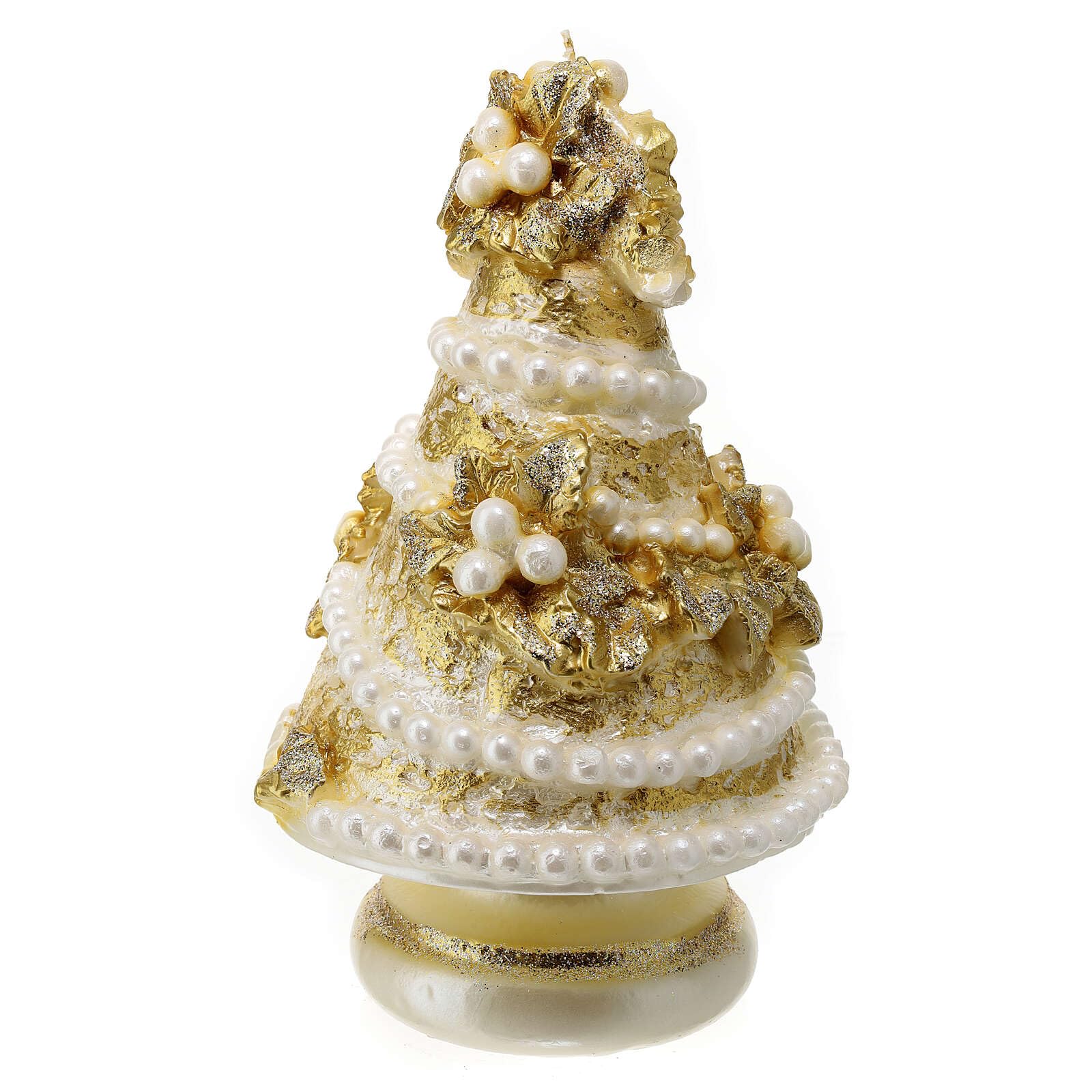 Holyart Świece bożonarodzeniowe: Świeca sosna złota, perły, ostrokrzewy i kokarda, śr. 20 cm