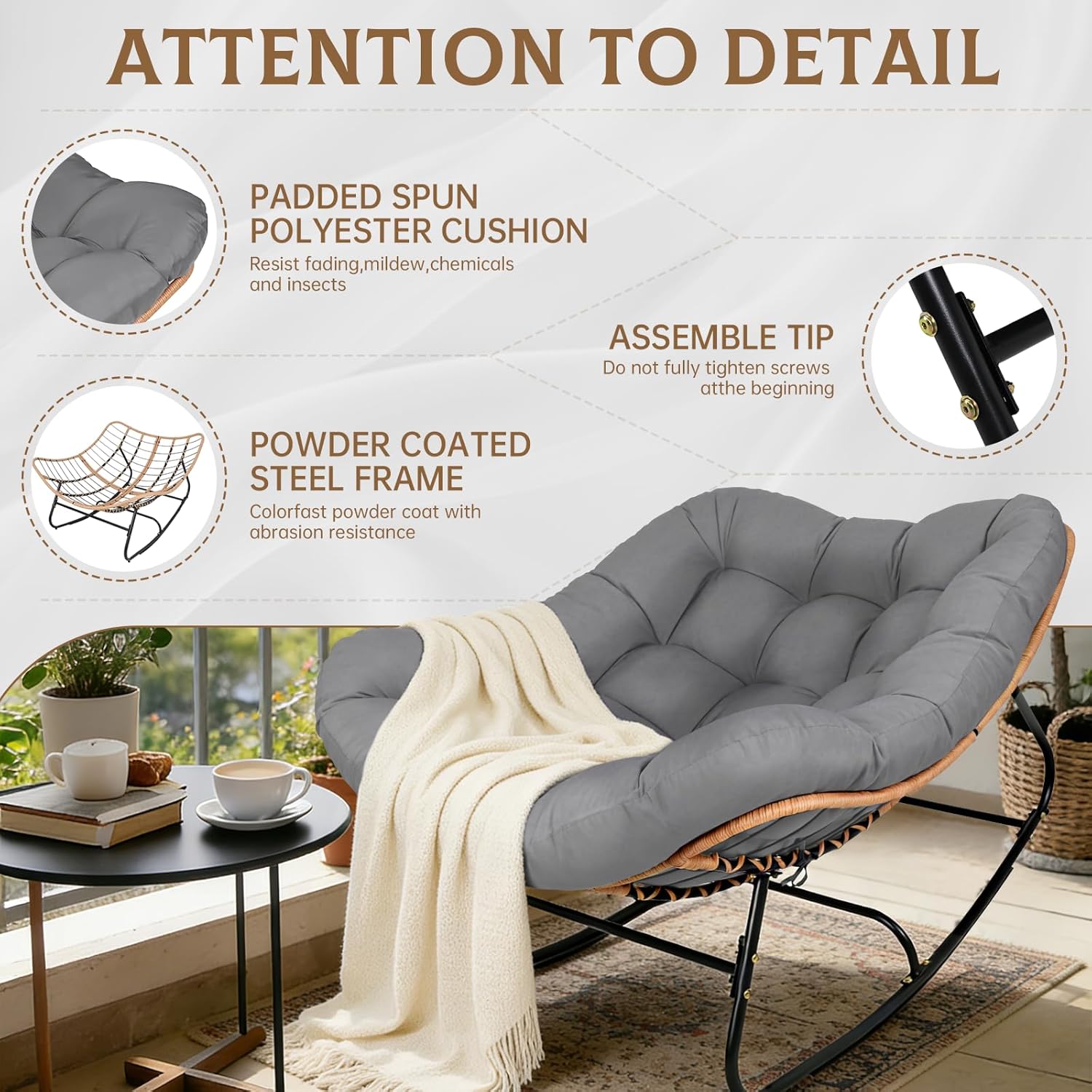 Outdoor Papasan Rocking Chair, Oversized Wicker Patio Rocking Chair with Thick Cushion, Deep Wide Big Lounge Egg Chairs for Balcony, Porch, Living Room, Grey