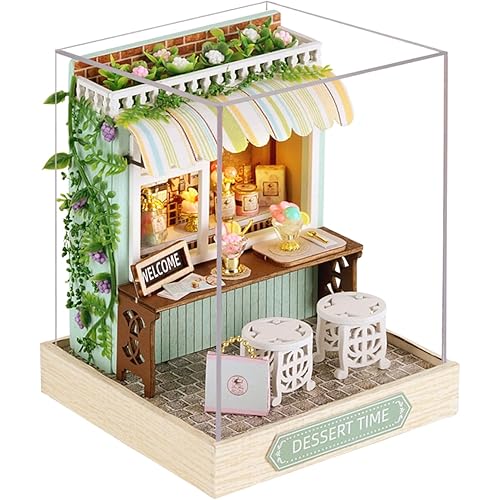 Miniature House Kit, CUTEROOM Tiny House Kit Wooden Dollhouse Kit Mini House Making Kit with Dust Cover, DIY Dollhouse Kit Birthday Gift (Dessert Time)