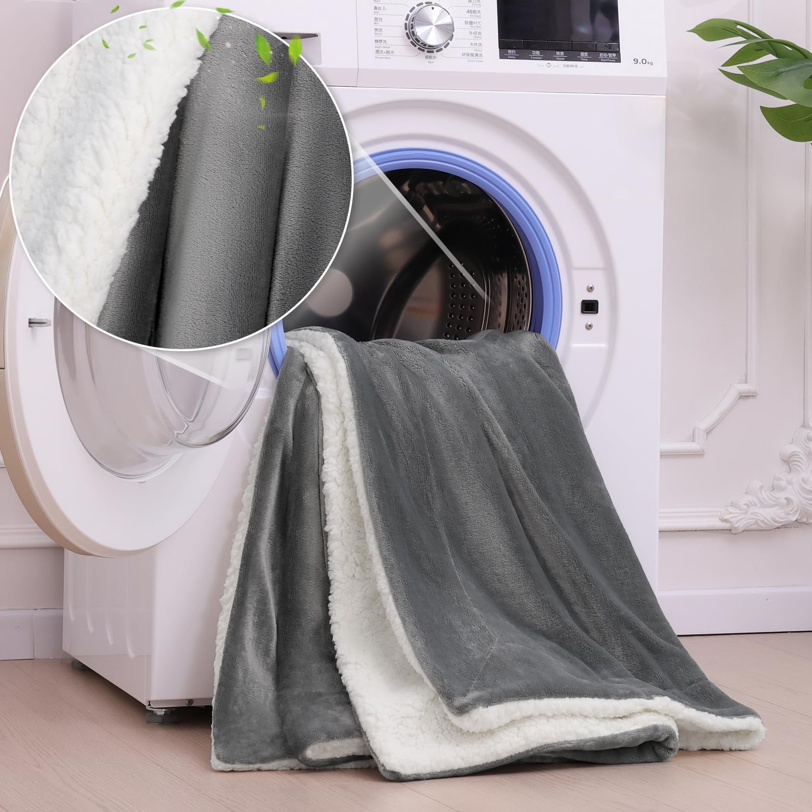 Soifox Sherpa Fleece deken plaids saliegroen, dikke warme deken 130 x 150 cm pluizige plaid voor banken bank, zachte decoratieve winterdekens jacquard dekens eenpersoons