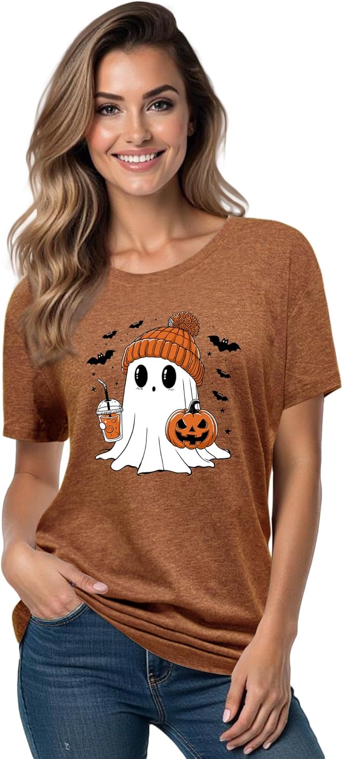 Halloween Shirts for Women: Pumpkin Ghost Print Funny Crewneck Short Sleeve Top for Costumes Autumn Party Graphic T-Shirt - Image 2