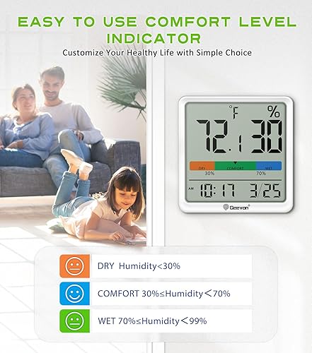 Miniatura 5 de Geevon Termómetro digital para interiores, higrómetro, medidor de humedad de temperatura inalámbrico con índice de comodidad, 1 batería AAA,