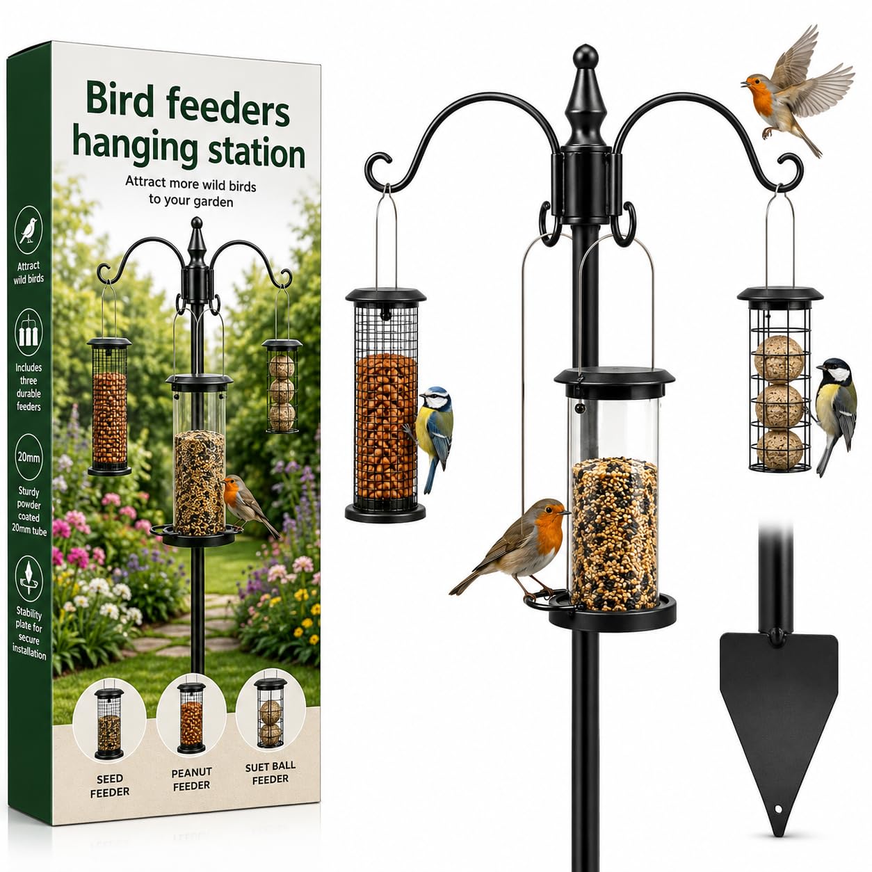Bird Feeders Hanging Station complete set - Including Hanging station & 3 Bird Feeders for Seed, Nuts & Suet Balls with Strong coated Metal pole & stability plate garden decorations outdoor