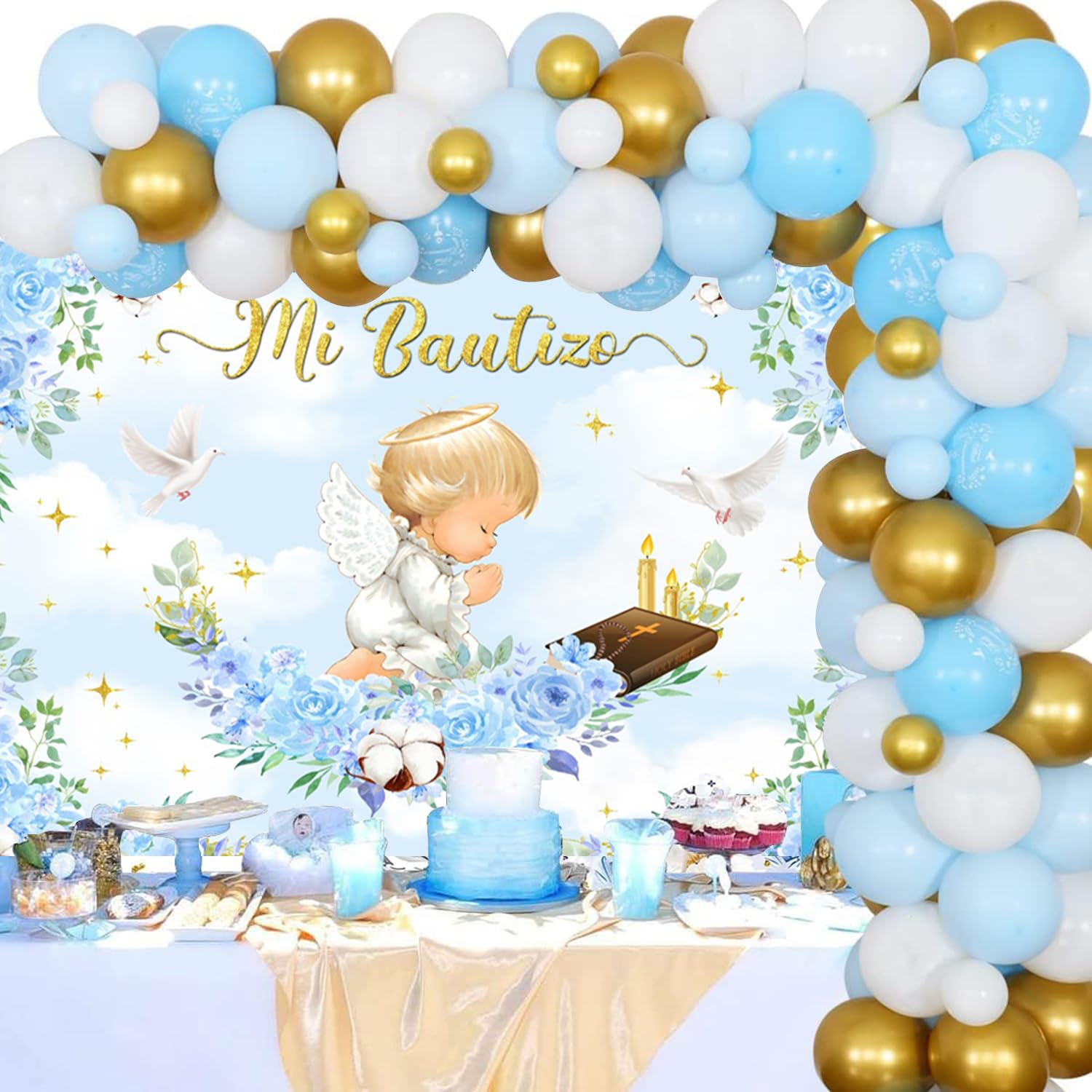 Fotohintergrund Für Babyparty – Motiv 'Mi Bautizo' Mit Goldenem Kreuz – 2,4x1,8 M