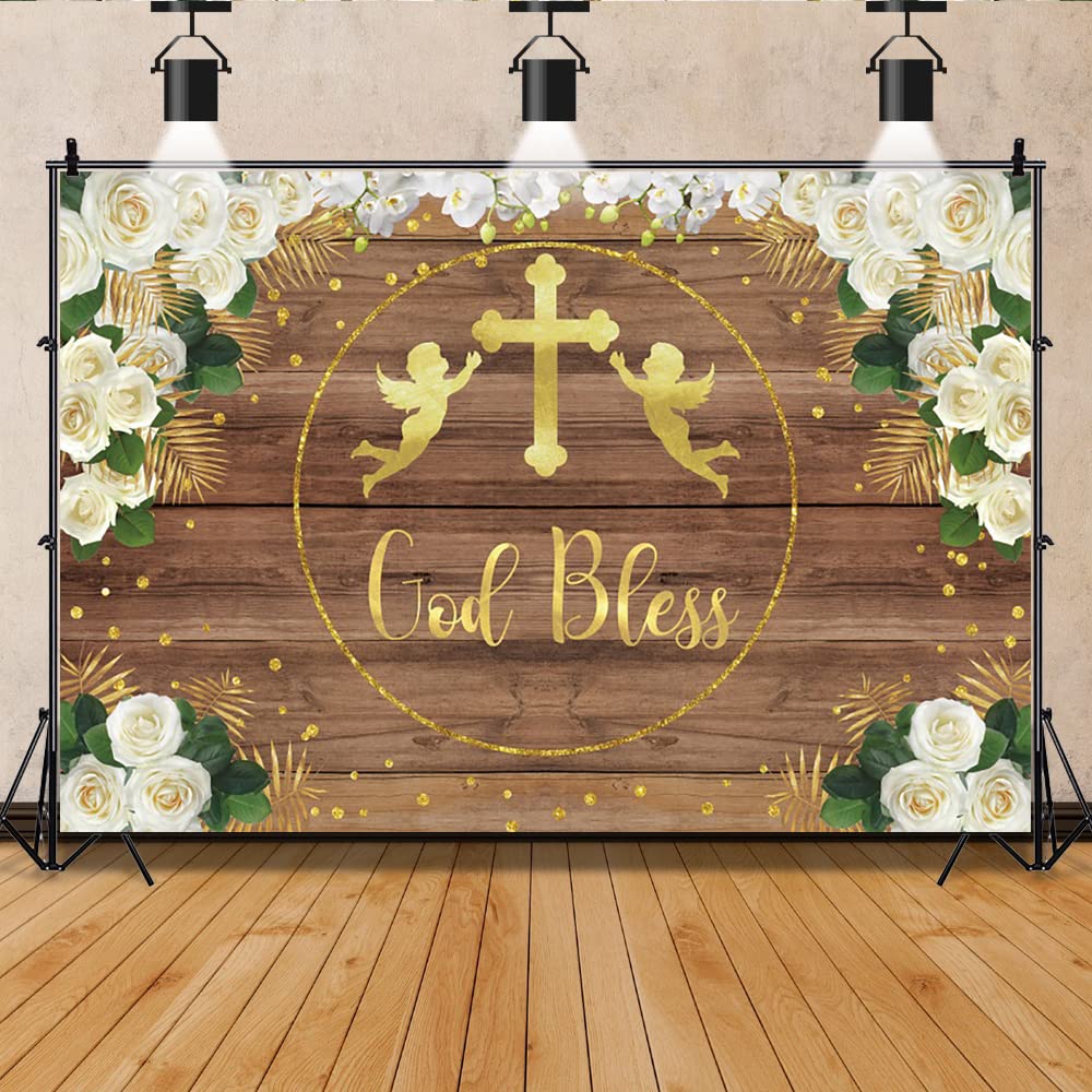Baptism Backdrop Boy Girl God Bless Photo Background 7x5ft Rustic Wood Lights First Holy Communion Backdrop Christening Decorations Baby Shower Party Banner 1st Birthday Studio Photo Booth Props - View #8