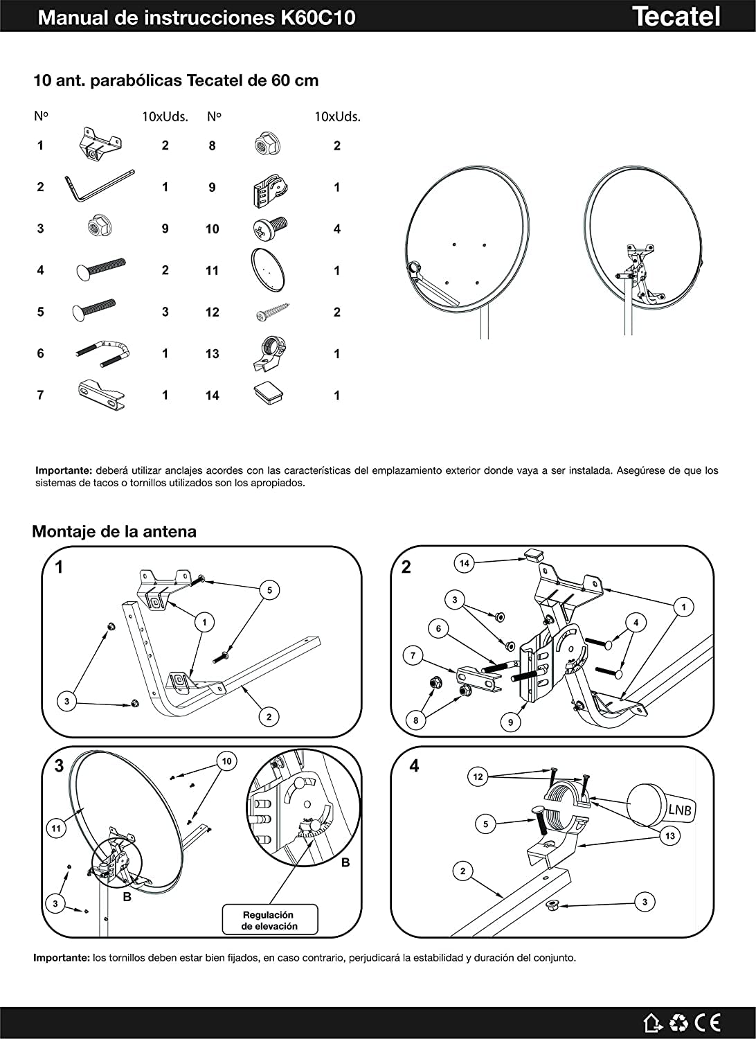 Kit Antena PARABOLICA 60CM TECNOVOZ + Receptor SATELITE V I A R K Sat