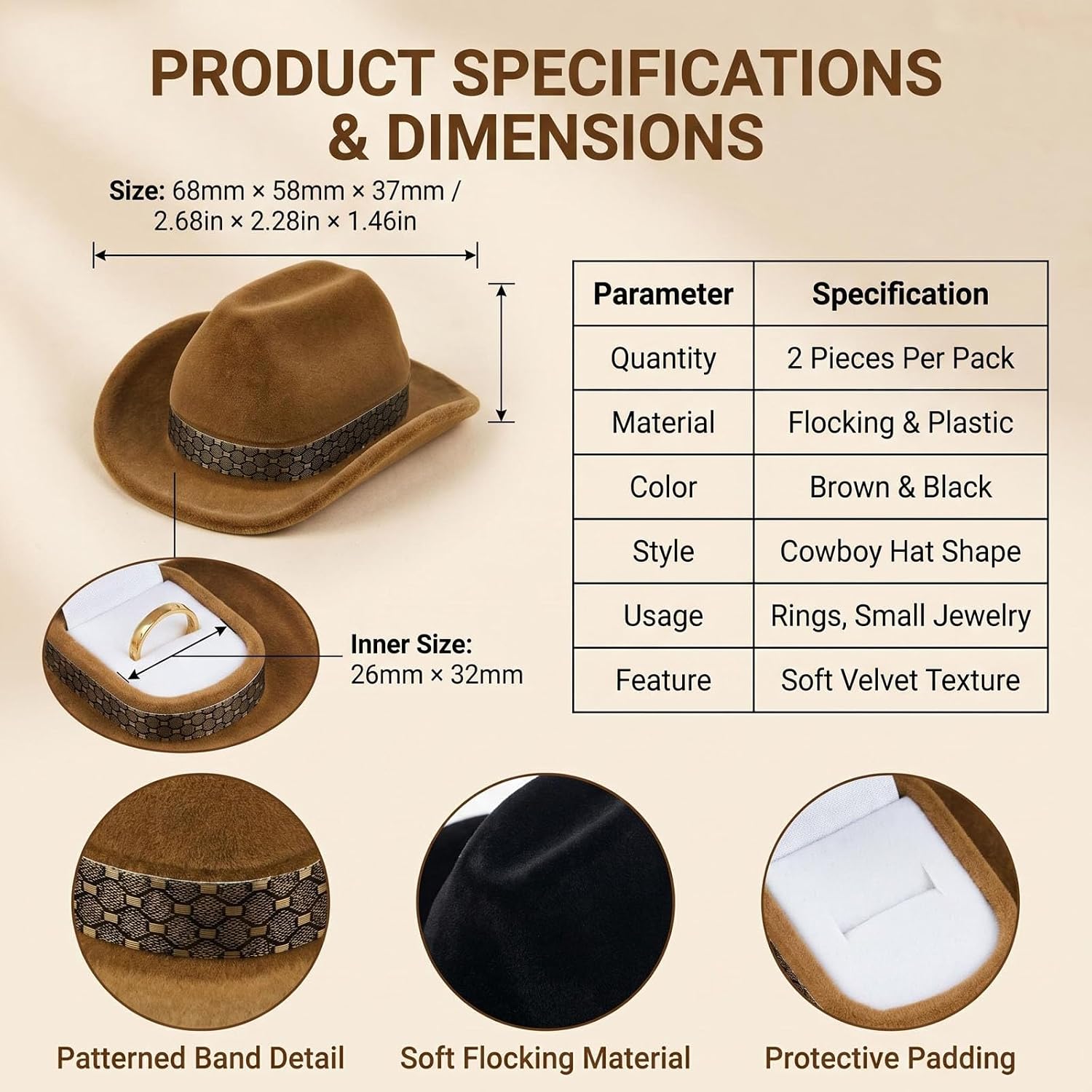 2 Pack Cowboy Hat Ring Box, Brown and Black Western Velvet Jewelry Box, Small Western Jewelry Display Case for Engagement, Wedding image 2