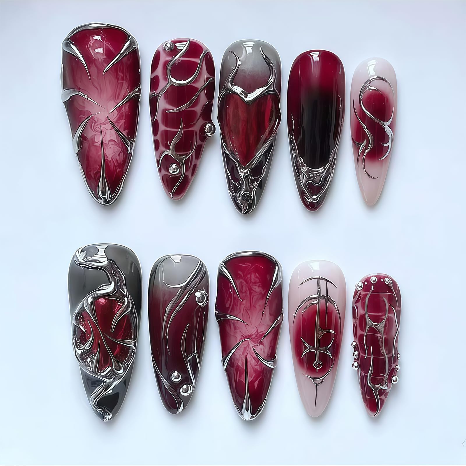 24 Pezzi Unghie Gotiche Press-on Lunghe Stiletto False Unghie Punk Metallo Unghie finte Linee Irregolari Cuore Metallico Y2k Rosso