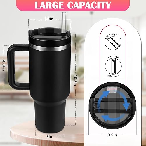 Miniatura 3 de BELYQLY Vaso aislado al vacío de acero inoxidable de 40 onzas con tapa y popote para agua, batidos y más, té helado o café (negro)