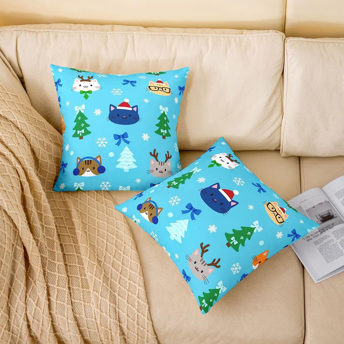 Castle Fairy Kawaii Cats Throw Pillow Covers 18"x18" Set of 4,Xmas Tree Bow Cushion Covers for Couch Sofa,Merry Christmas Theme Decorative Pillowcases,Sky Blue Pillow Cases image 2