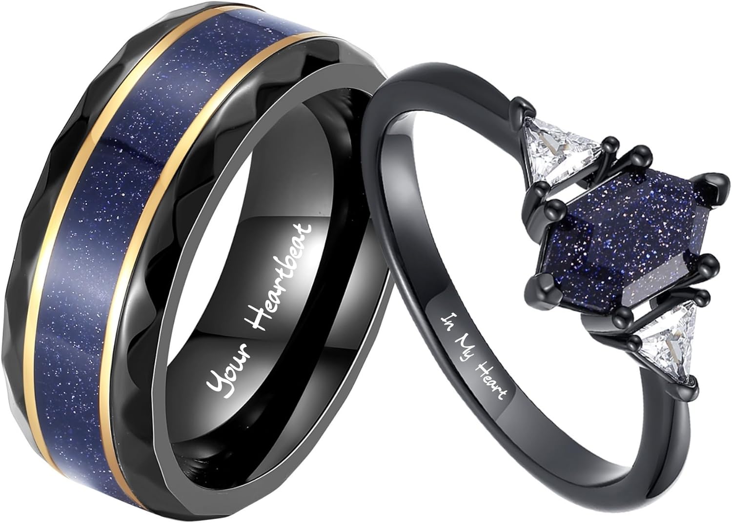 Blue Sandstone Promise Rings for Couples, Hexagon Cut Women's Ring and Black Matching Band, Custom Engraved His and Hers Ring Set