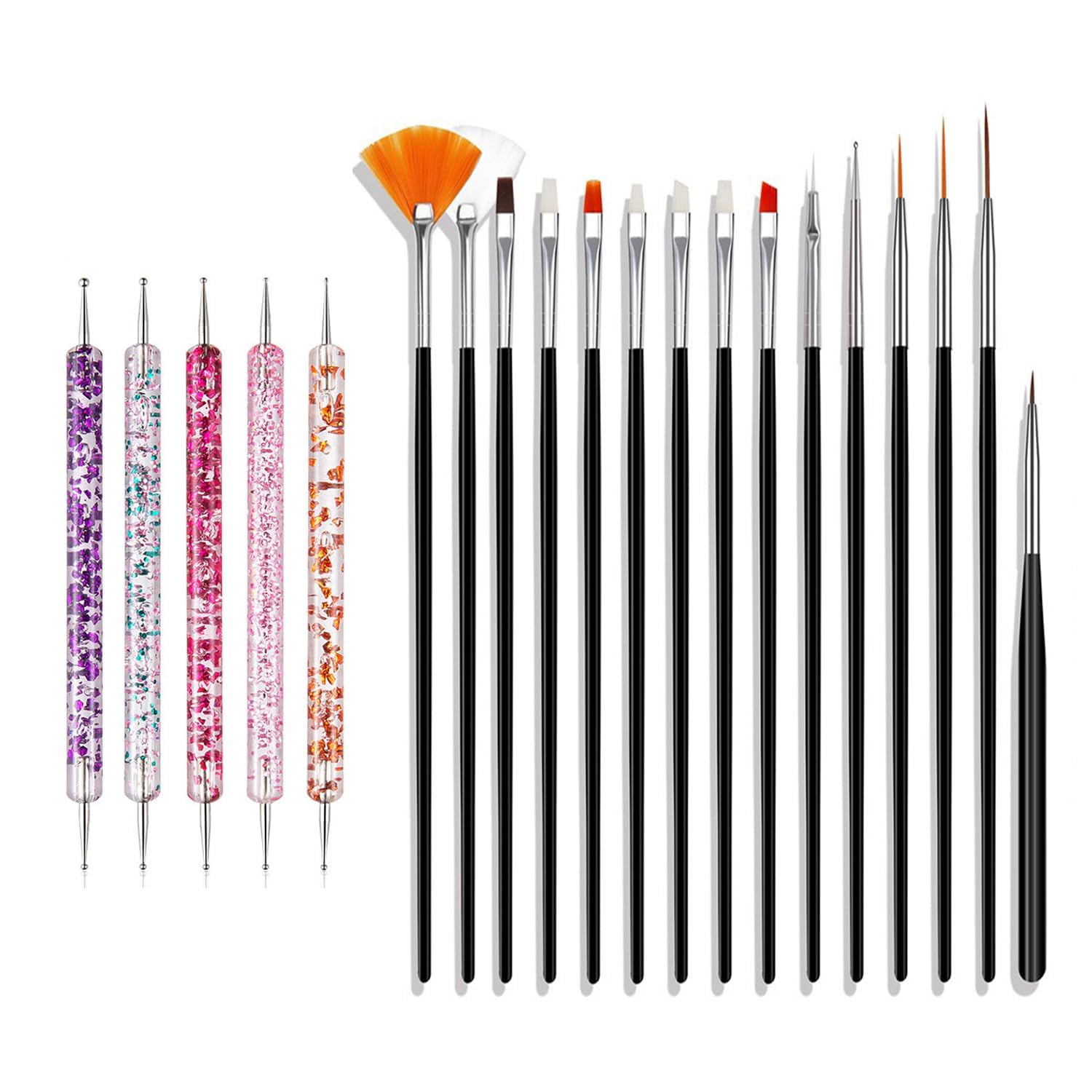 INOG 20PCS Nail Art Brushes | Nail Art Design Painting and Drawing UV Polish Brush Tool Kit | 15 pcs Nail Art Brushes Kit with 5 pcs Nail Dotting Pens (Multicolored)-image-47