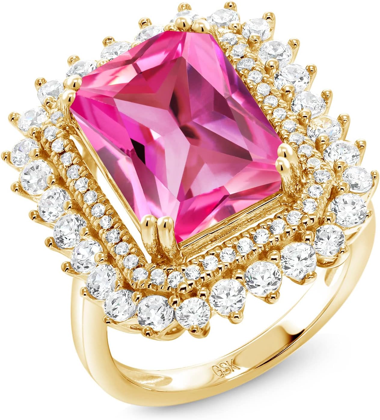 Gem Stone King Gemstone Birthstone Halo Ring For Women | 18K Yellow Gold Plated Silver | Emerald Cut 14X10MM | Wedding Anniversary Promise Statement Ring | Available In Size 5, 6, 7, 8, 9