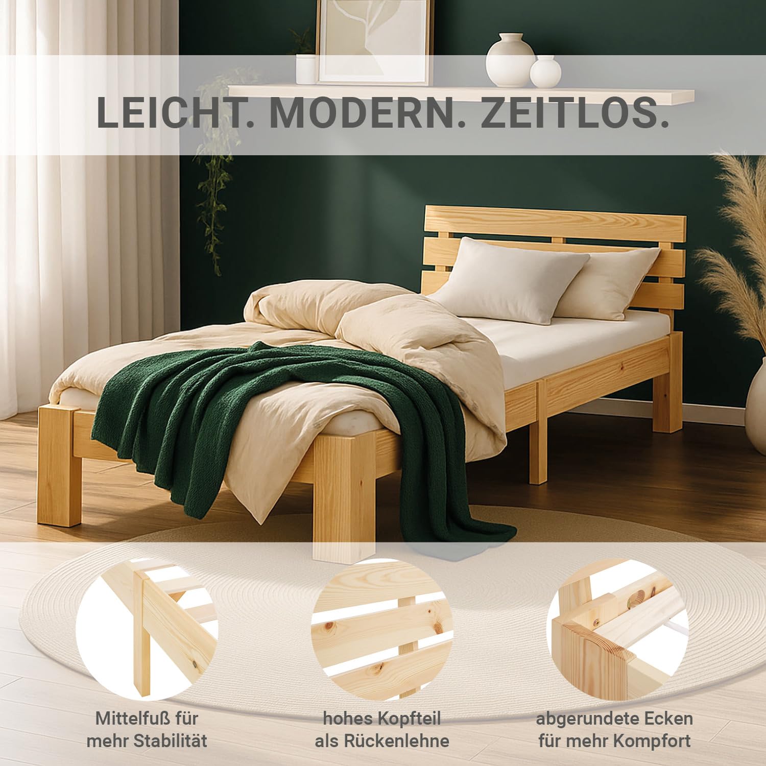 Homestyle4u Bett 90x200 mit Lattenrost Holz Kiefer Natur Holzbett 90x200 Einzelbett 90 x 200 cm Massivholzbett Bettgestell