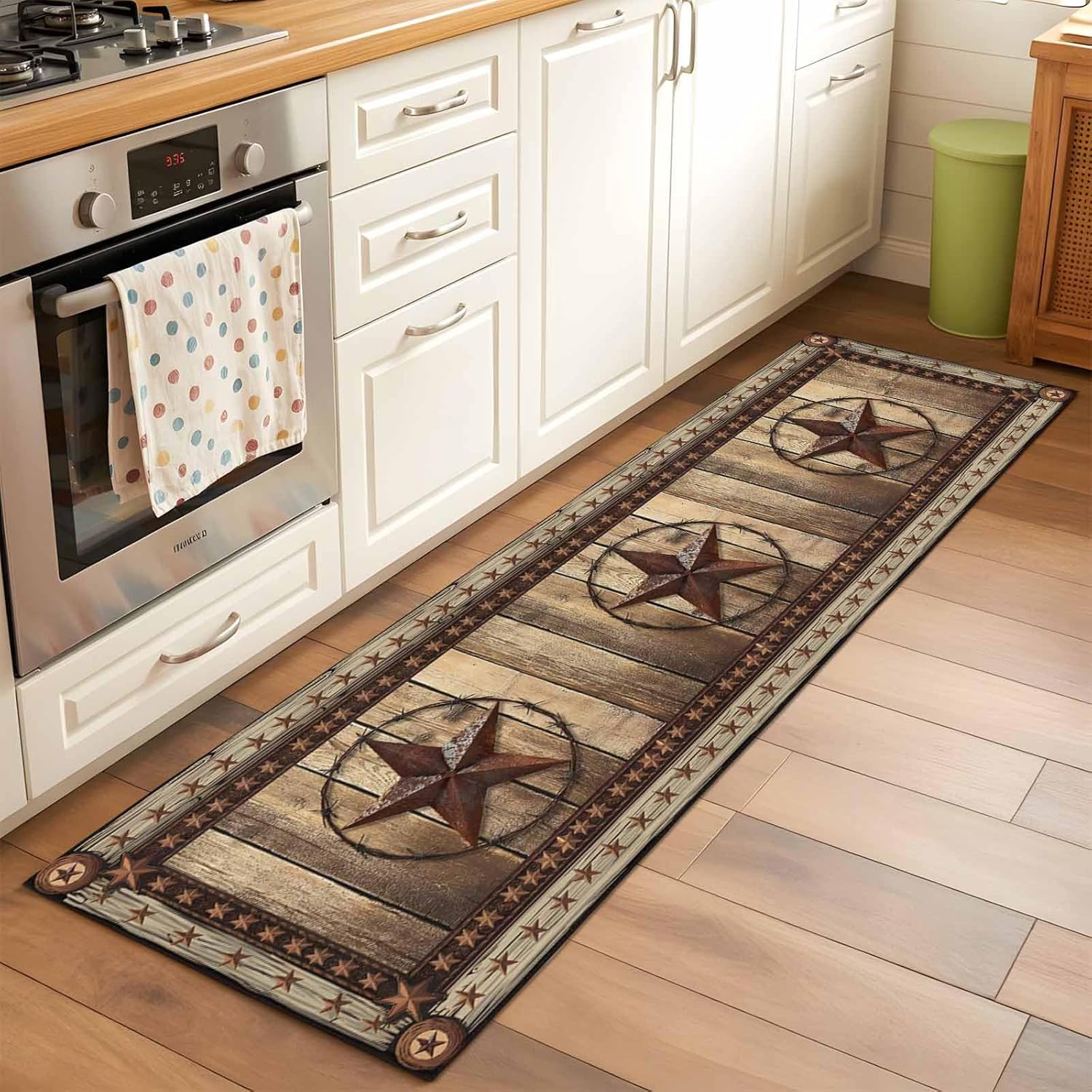 Texas Star Runner Rugs 2x6 ft Farmhouse Country Star Wood Grain Washable Hallway Rugs Non-Slip Floor Mats Absorbent Carpet Bedside Runners for Bedroom Kitchen Bathroom Laundry Room