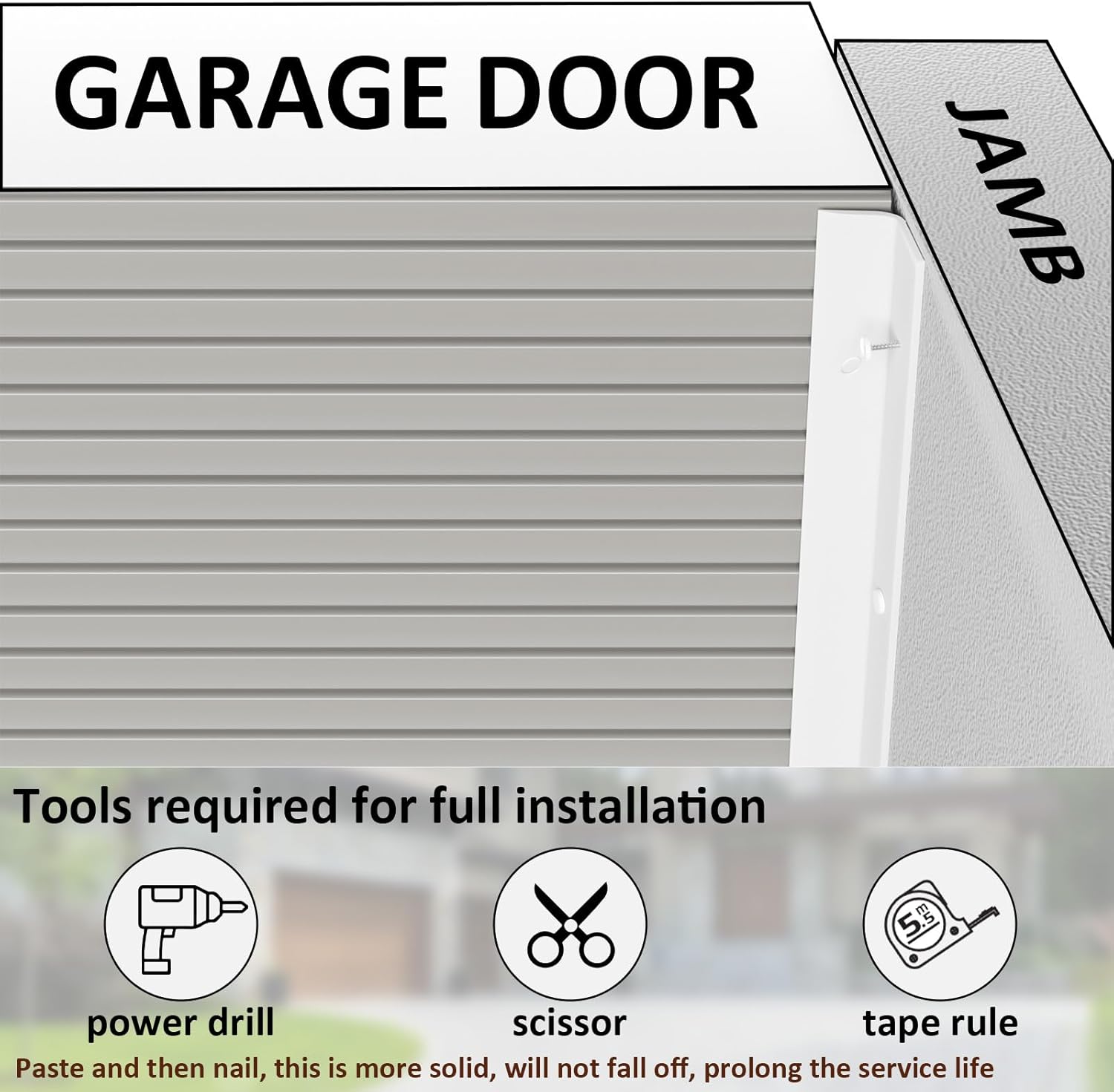 Garage Door Weather Stripping, 40FT White Garage Door Side and Top Seal Trim, Universal Adhesive Backed Garage Door Rubber Seal Strip Replacement with Nails