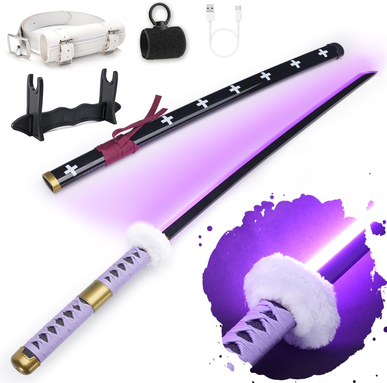 RENGENG Light Up Sword, 40 Inches Rechargeable Pre-Assembled Plastic Replica Anime Sword with Belt & Stand & Spinner