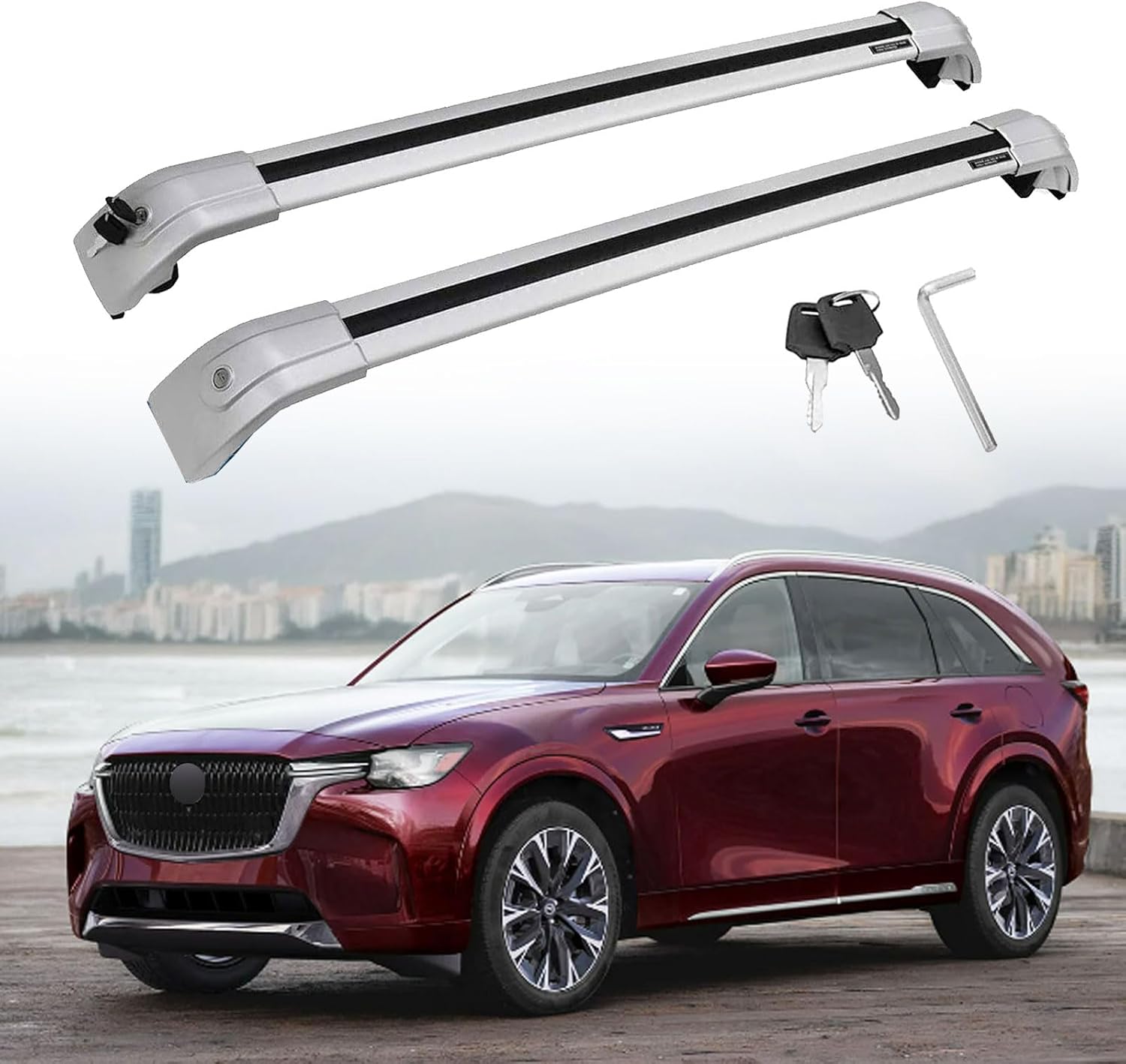 Roof Rack Cross Bar Compatible with Mazda CX90 CX-90 2023 2024 with Lock Aluminum Cross Bars Lockable Crossbar Luggage Rack for Rooftop Cargo Carrier Luggage Kayak Canoe Bike Snowboard (Silver)