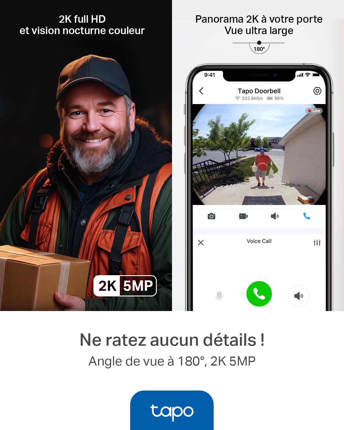 Tapo D235 Sonnette sans Fil avec Camera 2K+ 5MP, IP66 étanche, 180° Vision Ultra-Large, Vision Nocturne Couleur, Audio Bidirectionnel, Détection AI Gratuite