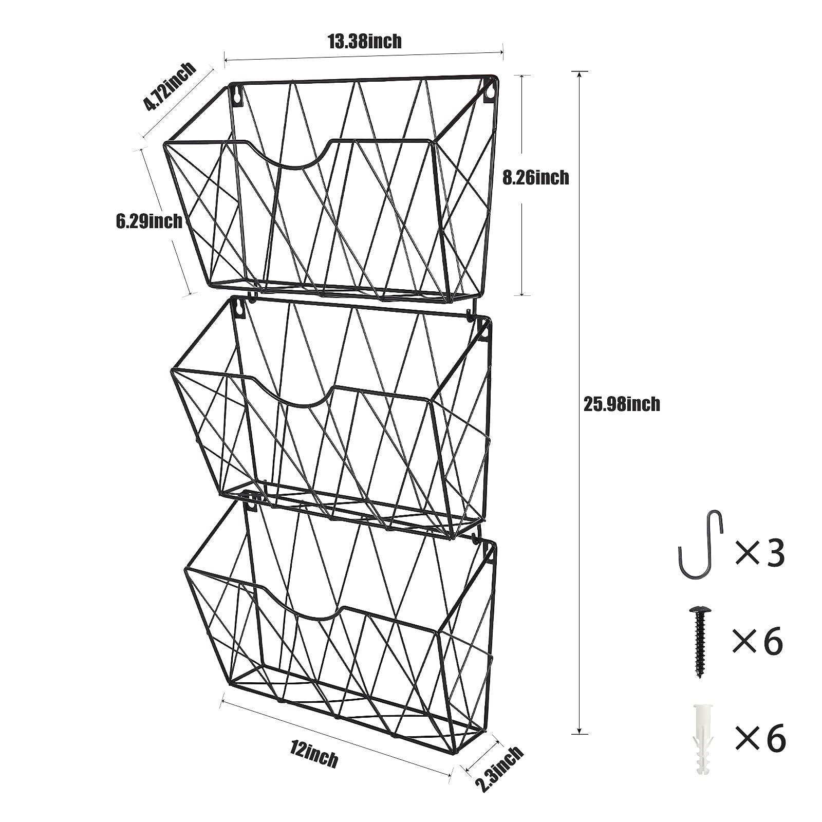 organizer da parete, per ufficio, struttura in metallo resistente, porta cartelle, organizer da appendere, 3 tasche, salvaspazio, per ufficio, casa, nero