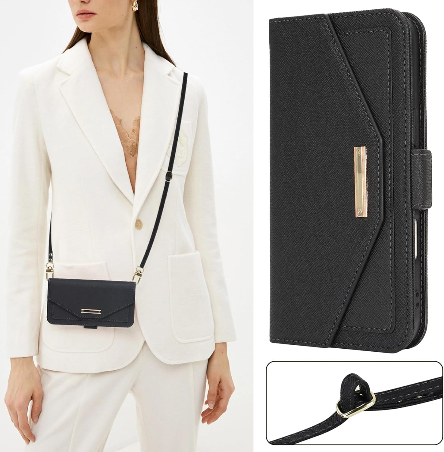 Jaorty Crossbody Wallet for iPhone 16 Pro Case with Strap, Credit Card Holder,Adjustable Shouler Lanyard, 6.3",PU Leather Handbag Purse Kickstand Make Up Mirror Cover Case for Women Girl,Black - Image 2