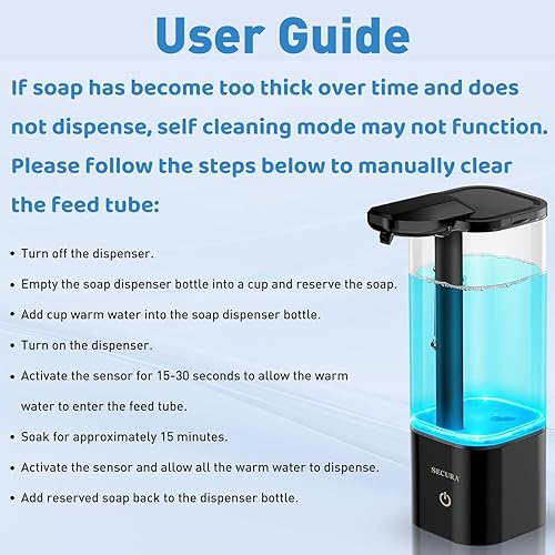 Miniatura 7 de Secura Dispensador automático de jabón líquido de 18.6 onzas con control de volumen de distancia sin contacto de 3 niveles, guía de luz LED que