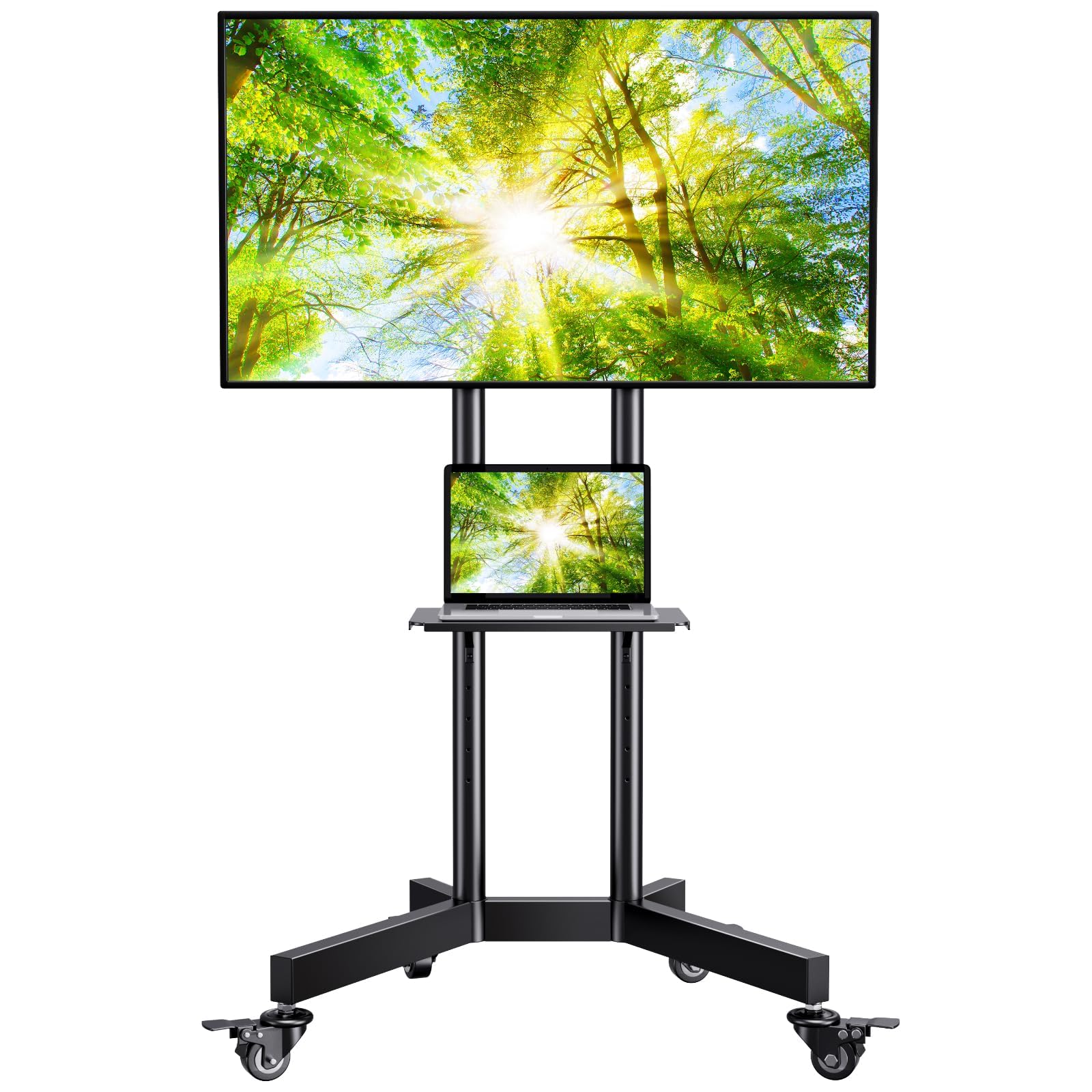 PERLESMITH Rolling TV Stand with Lockable Wheels for 32-86 Inch TVs Holds up to 132 Lbs, Height Adjustable Mobile TV Stand on Wheels with Laptop Shelf, Rolling Tv Cart Max VESA 600x400mm PSTVMC01