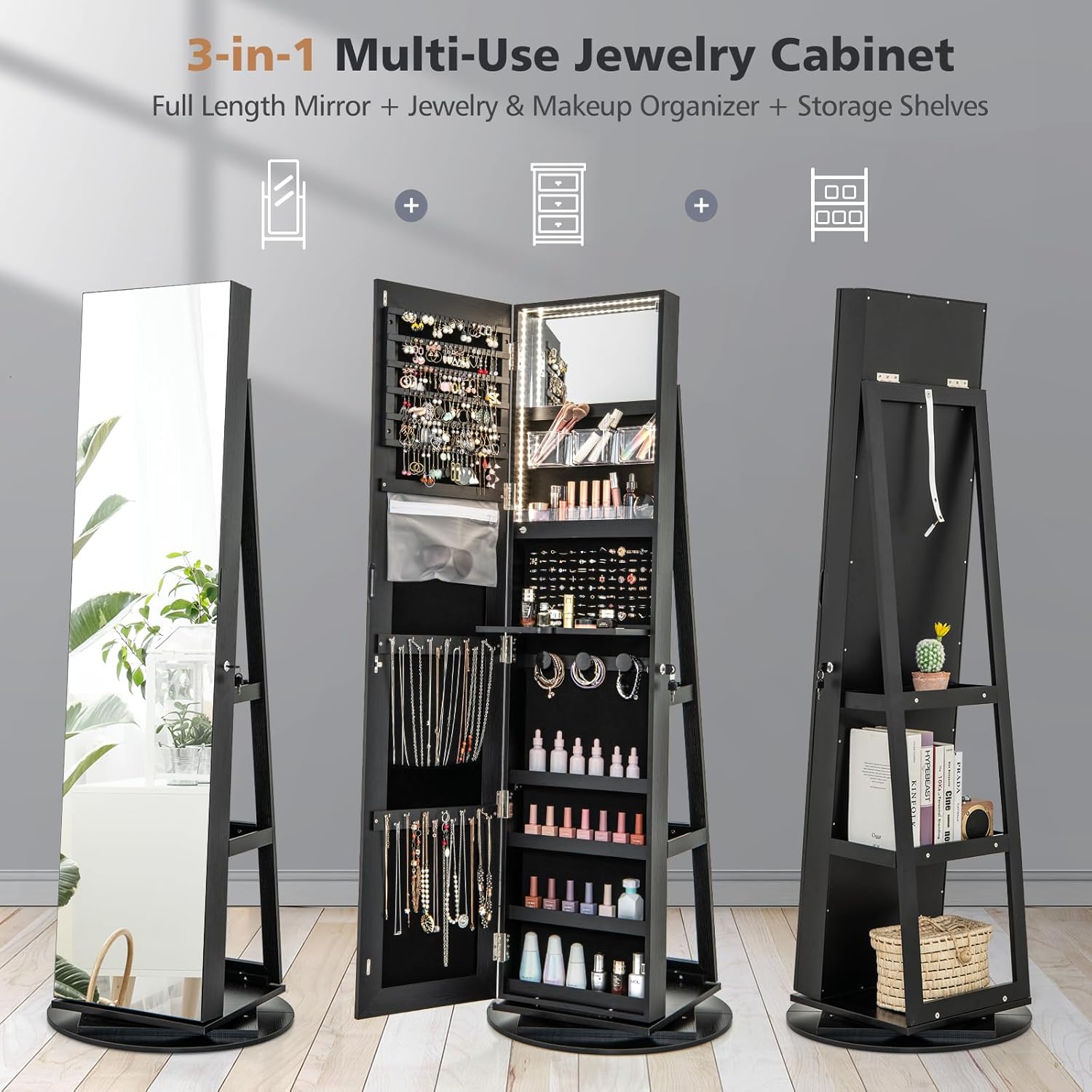 3-in-1 multi-use jewelry cabinet showing mirror, open storage, and back shelves