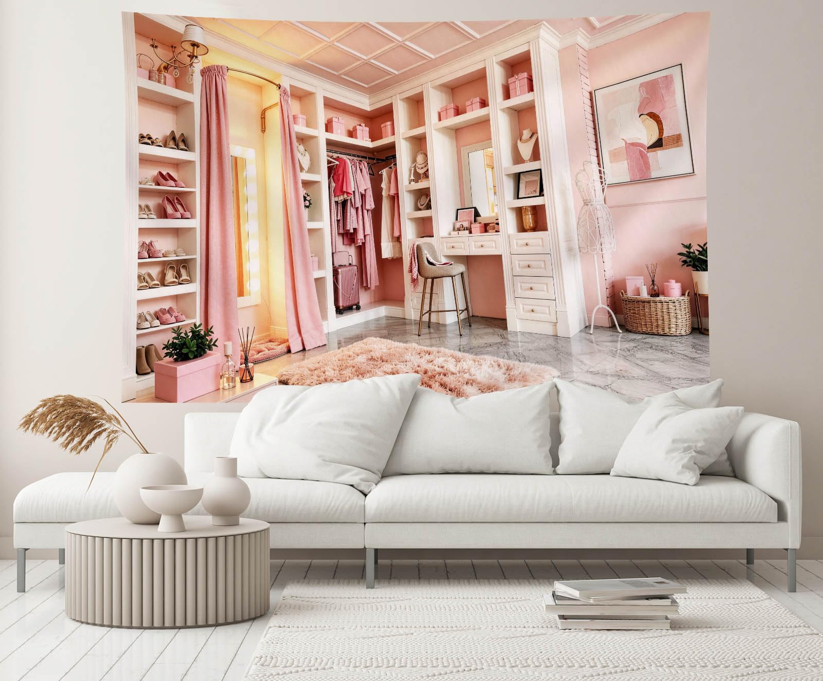 blush pink dressing room Blush Pink Walk-In Closet with Luxe Accents