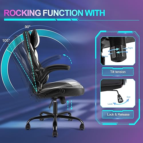 Miniatura 5 de Silla ergonómica de escritorio para juegos de computadora, piel sintética con soporte lumbar ajustable y reposacabezas, reposabrazos abatibles,