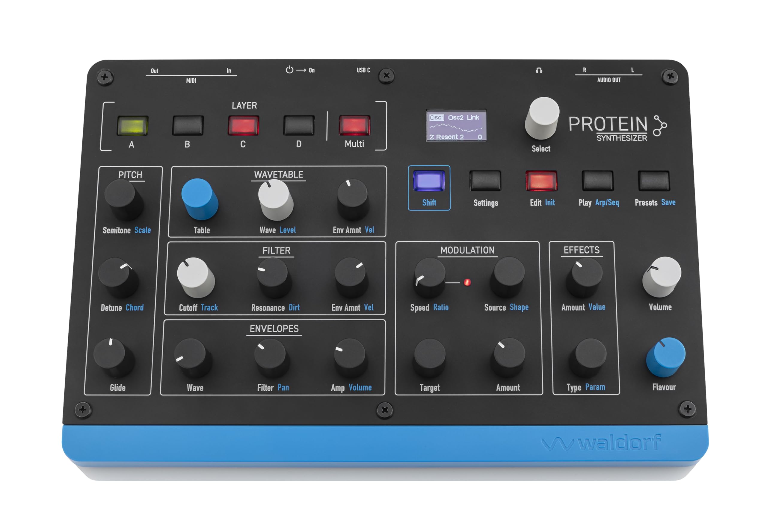 Waldorf Protein – 8-stimmiger Wavetable-Synth mit Microwave-ASIC-Oszillatoren, 4 Layer, Arpeggiator, Step-Sequencer, MPE, 2 Effektslots, USB-MIDI, kompakt & leicht