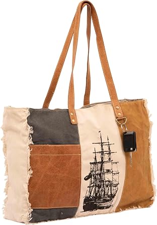 RAJERIYA Canvas Tote Bag for Women Vintage Printed Patchwork Shoulder Bag | Leather Handle Canvas Purse for Beach, Travel & Daily Use