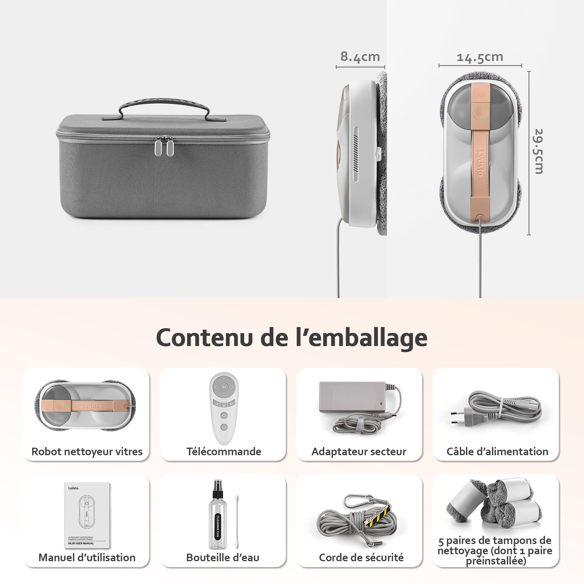 Lydsto WL09 Robot Nettoyeur de Vitres, Robot Laveur Vitre avec Double Pulvérisation Ultrasonore, 6000Pa, Télécommande, Triple Sécurité, Kit Complet avec Boîte de Rangement et 8 Chiffons