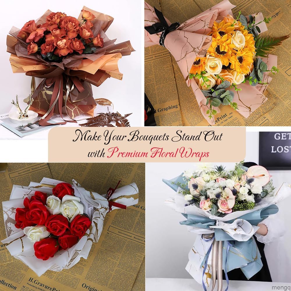 Saksham 10 Waterproof Marble Flower Wrapping Sheets (58 x 58 cm) | Floral Bouquet Gift Wrap for Weddings, Birthdays, Mother's Day & Holiday Decorations (Sea Green) Get 1 Free Pull Bow Ribbon