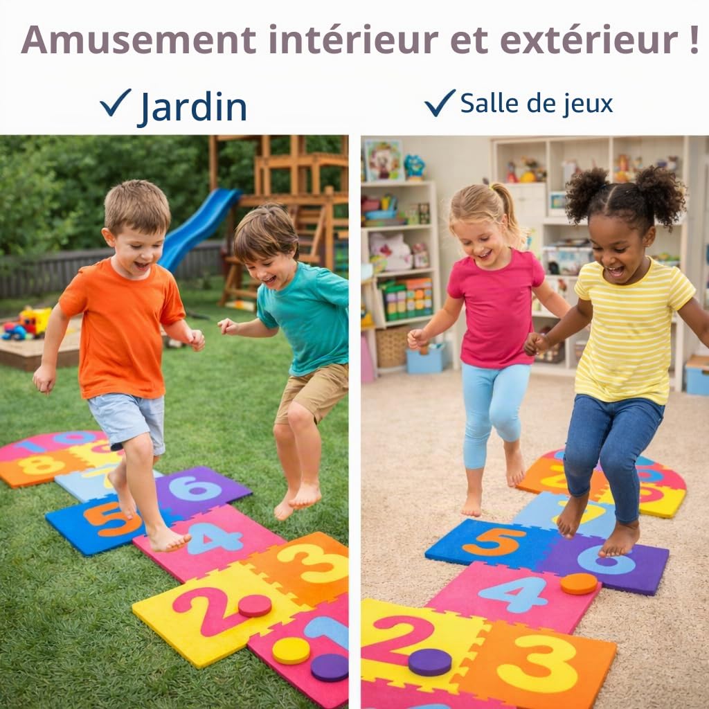 Jeu de marelle pour enfants – Tapis géant en mousse EVA – Ensemble de jeu de jardin intérieur et extérieur – 10 carreaux de chiffres emboîtables avec 4 palets – Jeu de fête familial rembourré doux
