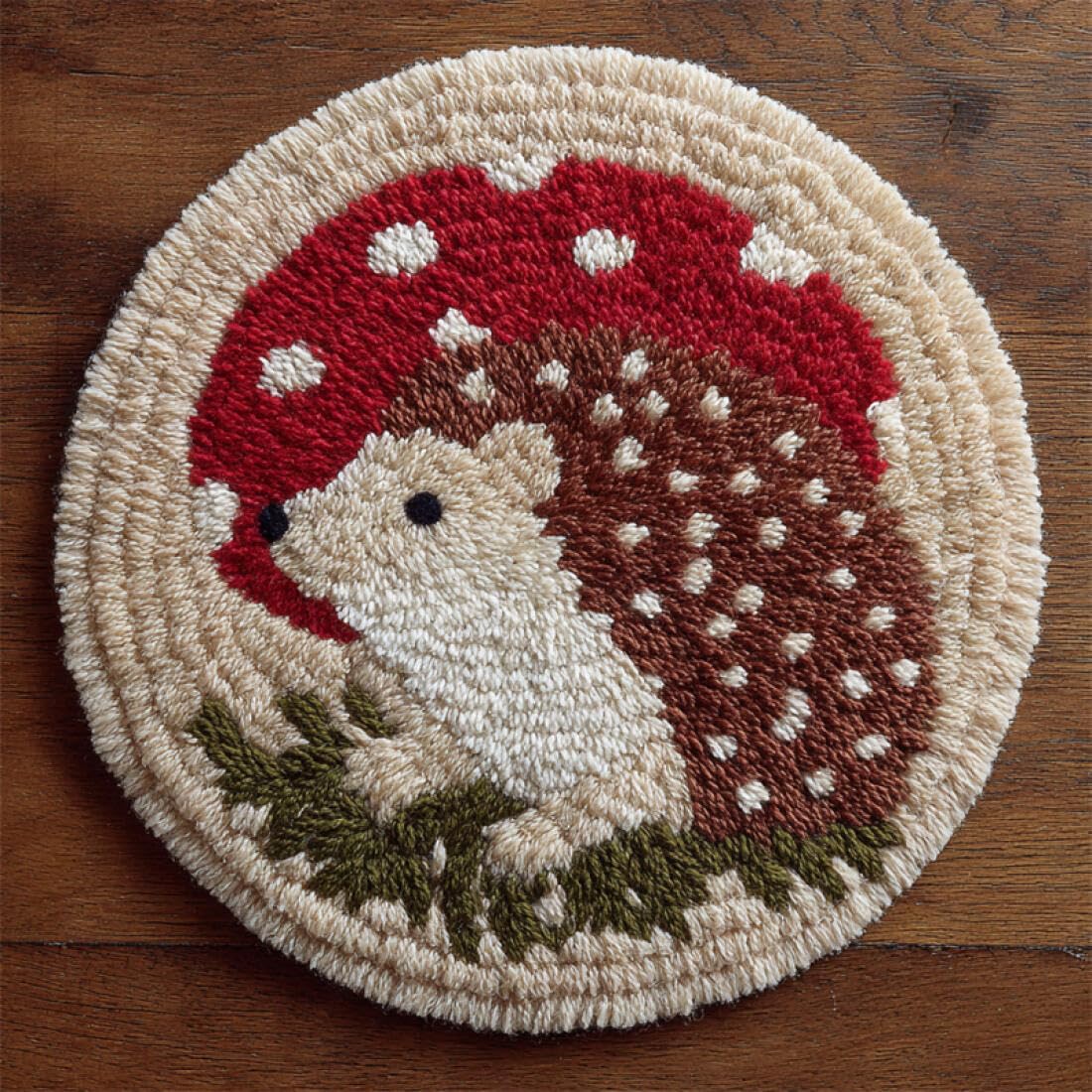Rqwybcaxn DIY Rug Latch Hook Kits for Adults Animal Needlework Kit Hedgehog and Mushroom 50x50cm Round Pre-Printed Mesh Fabric Carpet Living Room Home Decor