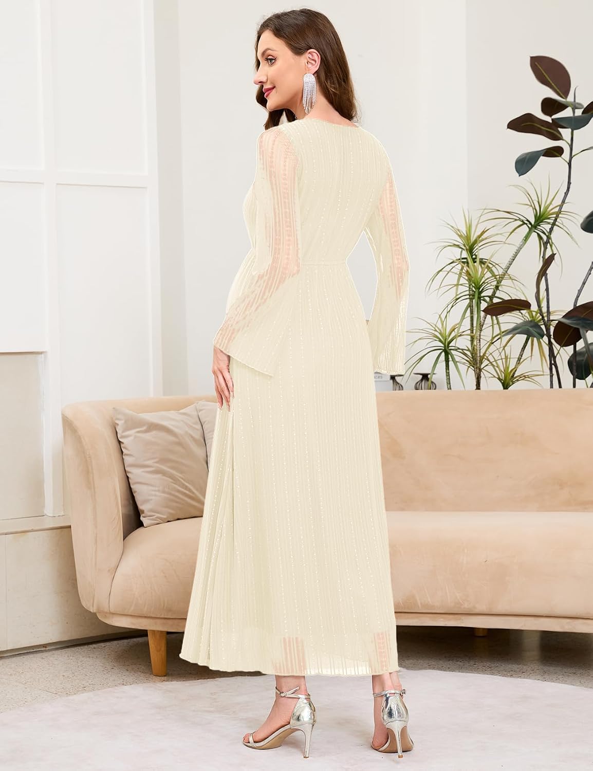 AISWI Maternity Sparkly Mesh Dress Bell Long Sleeve Round Neck A Line Flowy Pregnancy Dresses Baby Shower Semi Formal