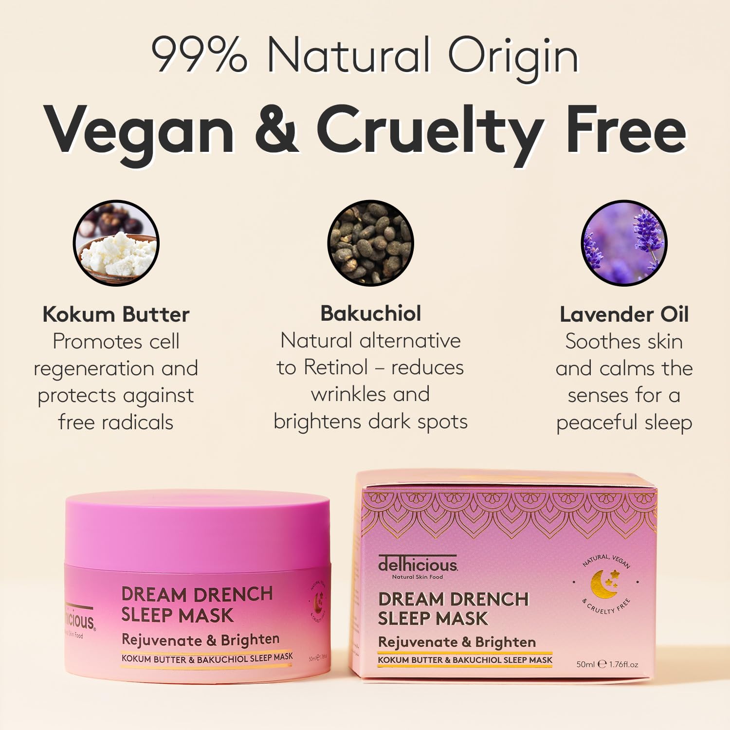 Delhicious Dream Drench Sleep Mask, Hydrating Overnight Face Mask with Kokum Butter & Bakuchiol, Soothing & Brightening - Image 3